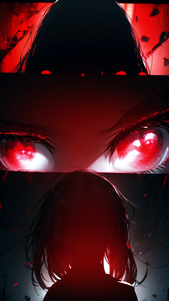 a woman with red eyes stands in front of a window, beautiful eyes are visible on a large monitor screen in the background, A girl in the center, a silhouette of a girl in the center, red lighting, glowing red eyes, a dim room, lighting from screens, monitor panels that depict girls, eyes are visible on monitor panels.