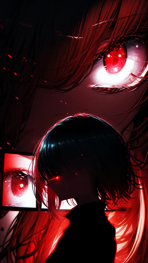 a woman with red eyes stands in front of a window, beautiful eyes are visible on a large monitor screen in the background, A girl in the center, a silhouette of a girl in the center, red lighting, glowing red eyes, a dim room, lighting from screens, monitor panels that depict girls, eyes are visible on monitor panels.