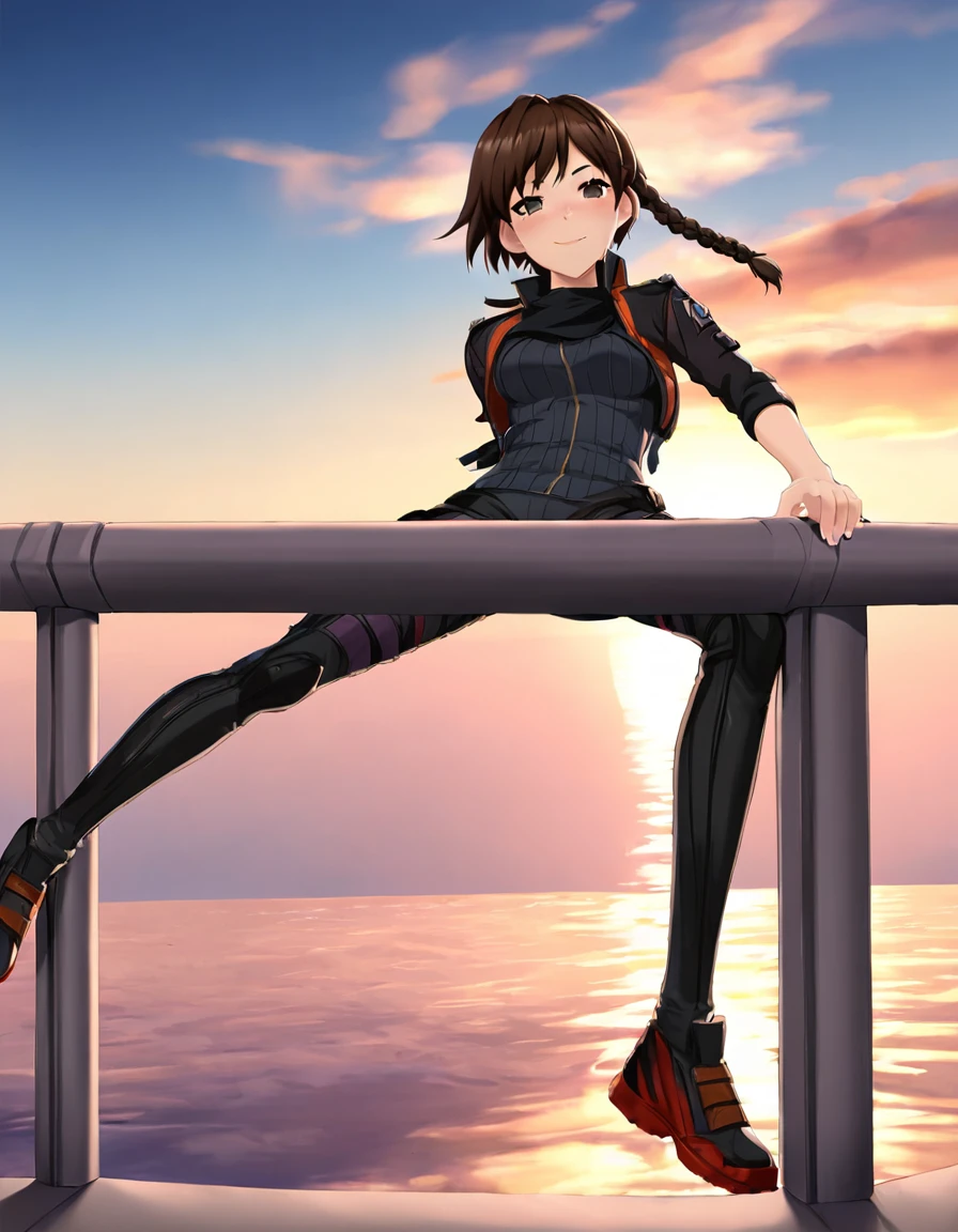 cartoon of a woman standing on a dock with a sunset in the background, makoto shinkai art style, makoto shinkai style, in style of makoto shinkai, makoto shinkai ( apex legends ), style of makoto shinkai, makoto shinkai. high detail, makoto shinkai. digital render, inspired by Makoto Shinkai