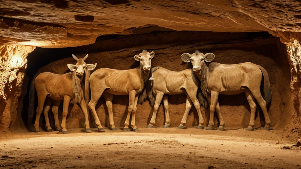 Illustrate the journey of Homo sapiens from their origins to early development, showing their adaptability to various environments. Include scenes of early humans crafting tools, exploring new territories, and interacting with their surroundings. Highlight cave paintings and artifacts that offer insights into their daily lives and beliefs. Feature key archaeological sites like Lascaux Cave with its intricate paintings and Olduvai Gorge with its significant discoveries