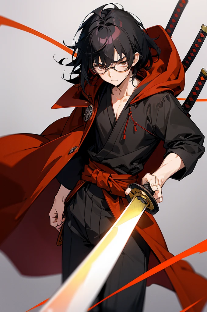 solo, (((anime boy with black hair))), (glasses), (hazel eyes), (serious expression), (bangs), ((red cloak)), ((katana strapped to hip)), (fantasy), ((high quality)), (extremely detailed)
