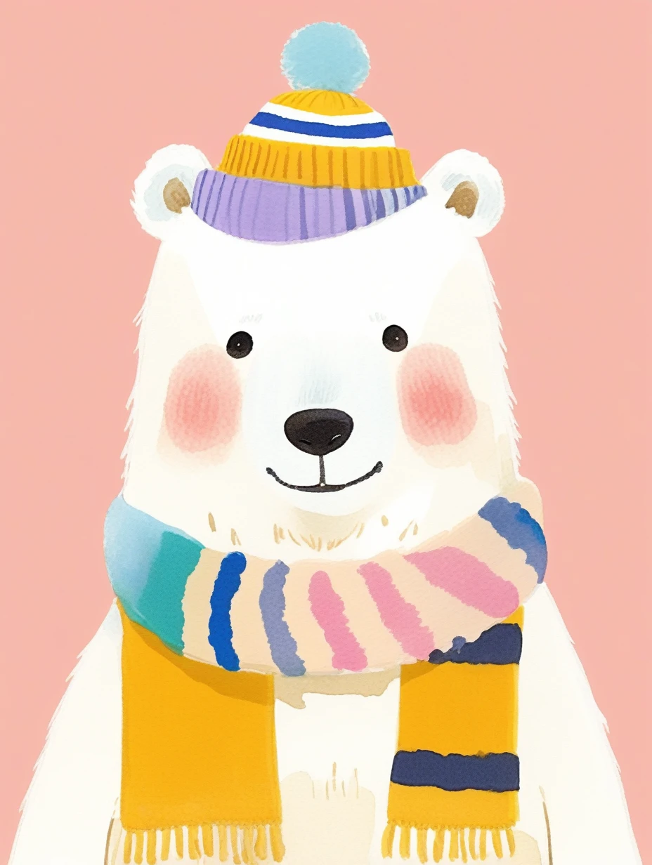 超High resolution, Attention to detail, high quality, High resolution, 最high quality, 4K, 8K, Awards, (artwork)、sunny、cute、polar bear、Striped clothing、Marine hat、Marine hatの上には金色の錨のマーク、Yellow scarf on the neck、Yellow background、Face slightly to the right、Light purple main lines、(Chibi Character:1.4)