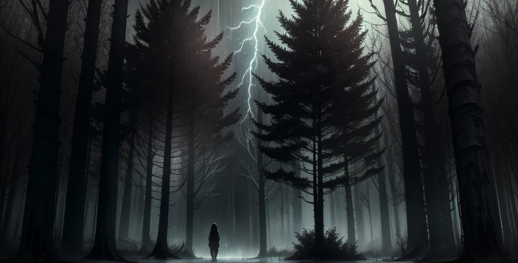 1girl in a dark forest, tall leafless trees, winter scene at dusk, heavy rain, gloomy and sinister atmosphere, dramatic lighting, red and grey color tones, terrifying and horror vibes, (best quality,4k,8k,highres,masterpiece:1.2),ultra-detailed,realistic,cinematic,dramatic lighting,moody,haunting,dark fantasy