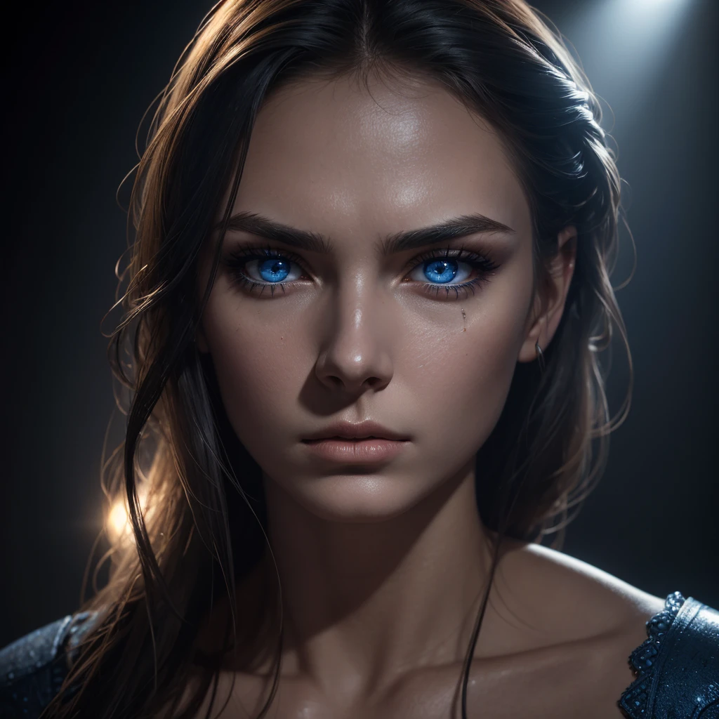 1 woman, striking facial features, deep expressive blue eyes, prominent cheekbones, strong eyebrows, dramatic lighting, chiaroscuro lighting, blurred background, ultra-realistic, 8k, realistic and artistic style, soft skin, intense and captivating mood