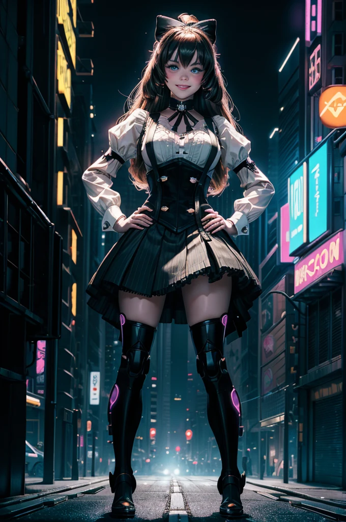 smile, hand on hip, underbust, Penny Polendina, long hair, neck ribbon, suspender skirt, corset, black bow, white blouse, mechanical legs, neon trim, standing in cyberpunk city street, night, stars moon,  skyscrapers, futuristic floating vehicles, neon signs, crowd,  crowd wearing cyberpunk fashion

