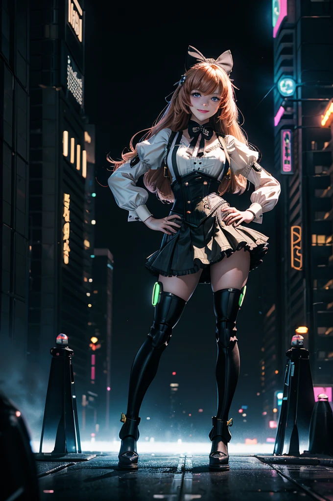 smile, hand on hip, underbust, Penny Polendina, long hair, neck ribbon, suspender skirt, corset, black bow, white blouse, mechanical legs, neon trim, standing in cyberpunk city street, night, stars moon,  skyscrapers, futuristic floating vehicles, neon signs, crowd,  crowd wearing cyberpunk fashion

