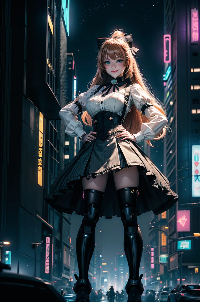 smile, hand on hip, underbust, Penny Polendina, long hair, neck ribbon, suspender skirt, corset, black bow, white blouse, mechanical legs, neon trim, standing in cyberpunk city street, night, stars moon, skyscrapers, futuristic floating vehicles, neon signs, crowd, crowd wearing cyberpunk fashion