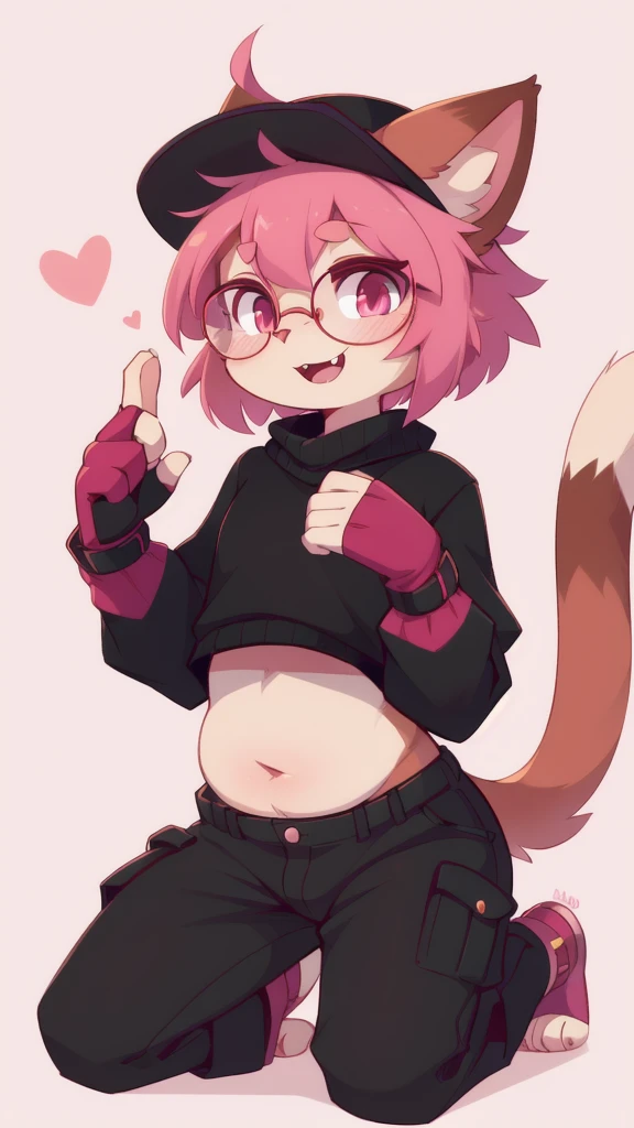 solo, looking at viewer, short hair, cat ears, :3, smile, animal ears, pink eyes, bright pupils, magenta hair, red eyes, bangs, feets with three toes, 3 toes, ((black headwear, glasses, hat, under-rim eyewear, semi-rimless eyewear, topwear, midriff, short cargo pants, toeless footwear, fingerless gloves)) (score_9, score_8_up), score_7_up, score_6_up, score_5_up, score_4_up, Hazel Typh, 1cat, best quality, furry, brown fur, pink hair, animal ears, gold piercing, heart-shaped pupils, animal nose, pink eyes, hair bun, long tail, expressionless, closed mouth, fangs, puffy sleeves, kneeling, on knees, pink background, looking at viewer, round glasses, beautiful and detailed, man (((genderless))) ((anthro)) cat, (Averi, cat boy), by waspsalad, by phluks, by zero-sum, cat, (anthro, fluffy fur, character focus:1.1), anthro cat, body fur, nice, cute, digital drawing, (half-closed eyes), big eyes, sweater, short shorts, thigh highs, stockings, (hi res), ((masterpiece)), ((best quality)), Cat, gernderless cat, clean sketch, anthropomorphic cat, fursona, sharp teeth, big ears, smooth hair, smooth fur, long eyelashes, makeup, thin, chubby face, flat chest, no bulge, no cock, no , no gender
