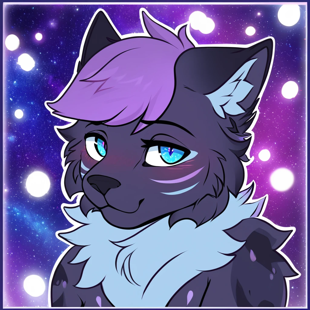adult, feline, mammal, anthro, anthromorphic, cat, striped, fur, furred_anthro, femboy, male, dark_blue, ear_tufts, paws, hair_tuft, hair_between_eyes, long_tail, fluffy, expressive_eyes, purple_hair, light, galaxy_fur, looking_at_viewer, light_blue_chest, shy, small_pupils, spotted_pattern, stripes, digital_art, high_resolution, high_res, background shy, head_visible, neck_visible, profile_picture, seductive_face, white_outline, cat_expression