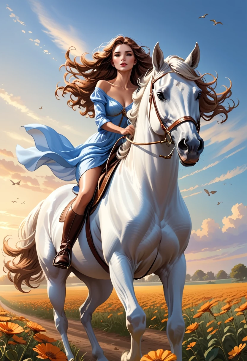 You will act as a digital artist specializing in realistic illustrations. Please create an image of a beautiful woman riding her majestic white horse. The woman must have long brown wavy hair, wearing an elegant light blue silk dress that flows in the wind. She should have a calm and confident expression, with a slight smile. The horse must be imposing, with a graceful posture and adorned with a brown leather saddle decorated with gold details.
The scene should be set in a flower field at dawn, with flowers of various colors spread across the field and a sky that gradually changes from shades of orange to light blue. The soft light of the rising sun should create a play of light and shadows that enhance the beauty of the woman and the horse. Also add some birds flying in the background to bring the scene to life. Be creative with your composition, ensuring the image conveys a sense of peace, freedom and elegance.