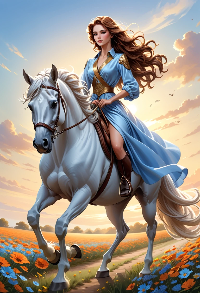 You will act as a digital artist specializing in realistic illustrations. Please create an image of a beautiful woman riding her majestic white horse. The woman must have long brown wavy hair, wearing an elegant light blue silk dress that flows in the wind. She should have a calm and confident expression, with a slight smile. The horse must be imposing, with a graceful posture and adorned with a brown leather saddle decorated with gold details.
The scene should be set in a flower field at dawn, with flowers of various colors spread across the field and a sky that gradually changes from shades of orange to light blue. The soft light of the rising sun should create a play of light and shadows that enhance the beauty of the woman and the horse. Also add some birds flying in the background to bring the scene to life. Be creative with your composition, ensuring the image conveys a sense of peace, freedom and elegance.