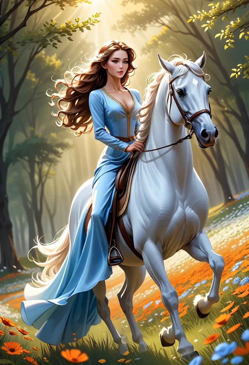 You will act as a digital artist specializing in realistic illustrations. Please create an image of a beautiful woman riding her majestic white horse. The woman must have long brown wavy hair, wearing an elegant light blue silk dress that flows in the wind. She should have a calm and confident expression, with a slight smile. The horse must be imposing, with a graceful posture and adorned with a brown leather saddle decorated with gold details.

The scene should be set in a flower field at dawn, with flowers of various colors spread across the field and a sky that gradually changes from shades of orange to light blue. The soft light of the rising sun should create a play of light and shadows that enhance the beauty of the woman and the horse. Also add some birds flying in the background to bring the scene to life. Be creative with your composition, ensuring the image conveys a sense of peace, freedom and elegance.