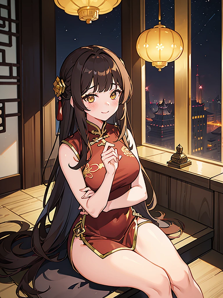 1girl, medium build, sitting, (blush), smile, Dark brown hair, blunt bangs, long hair, gold eyes, ((china dress)), Modern, (((contemporary))), lounge, exotic, extravagant, masterpiece, night time,