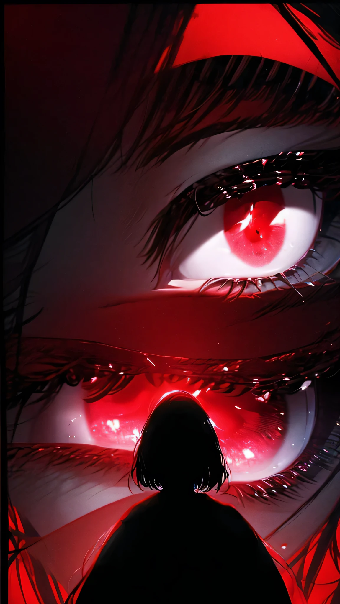 a woman with red eyes stands in front of a window, beautiful eyes are visible on a large monitor screen in the background, A girl in the center, a silhouette of a girl in the center, red lighting, glowing red eyes, a dim room, lighting from screens, monitor panels that depict girls, eyes are visible on monitor panels.