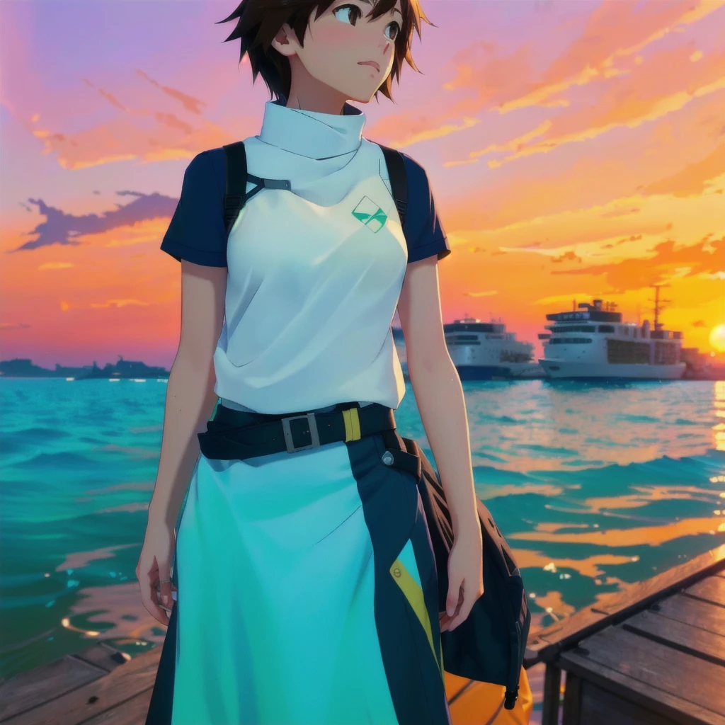 cartoon of a woman standing on a dock with a sunset in the background, makoto shinkai art style, makoto shinkai style, in style of makoto shinkai, makoto shinkai ( apex legends ), style of makoto shinkai, makoto shinkai. high detail, makoto shinkai. digital render, inspired by Makoto Shinkai