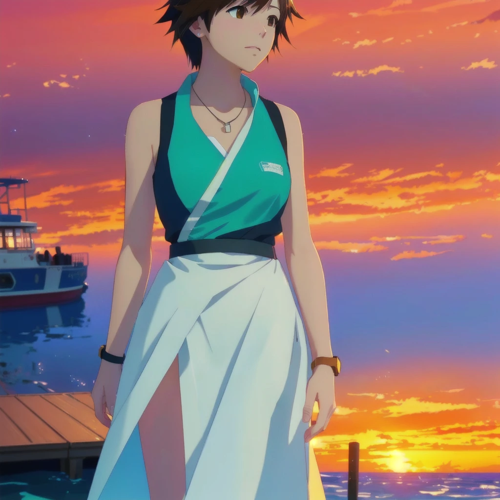 cartoon of a woman standing on a dock with a sunset in the background, makoto shinkai art style, makoto shinkai style, in style of makoto shinkai, makoto shinkai ( apex legends ), style of makoto shinkai, makoto shinkai. high detail, makoto shinkai. digital render, inspired by Makoto Shinkai