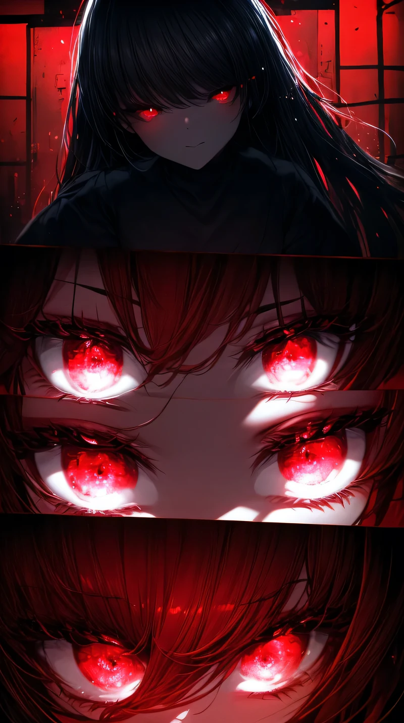 a woman with red eyes stands in front of a window, beautiful eyes are visible on a large monitor screen in the background, A girl in the center, a silhouette of a girl in the center, red lighting, glowing red eyes, a dim room, lighting from screens, monitor panels that depict girls, eyes are visible on monitor panels.