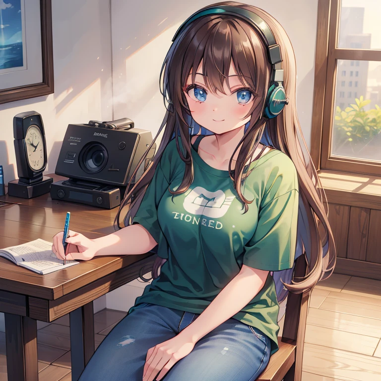 Masterpiece, 4K, best quality, One 20 years old girl, solo, has Blue eyes, beautiful eyes, has Brown long hair, wears green T-shirt and farmer jeans, in the bedroom, sitting on a chair, in front of the table, wears black headphones on her head, smile