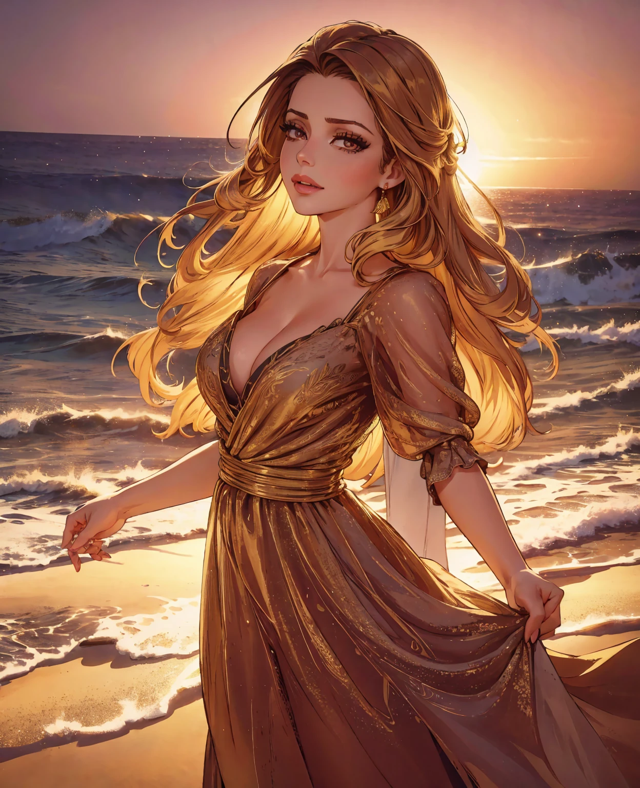 a fairy standing in a sandy beach, detailed face, beautiful detailed eyes, beautiful detailed lips, long eyelashes, delicate facial features, flowing hair, detailed dress, intricate patterns on dress, ethereal glowing aura, dramatic lighting, golden hour lighting, vibrant colors, cinematic composition, highly detailed, 8k, photorealistic, masterpiece, digital art