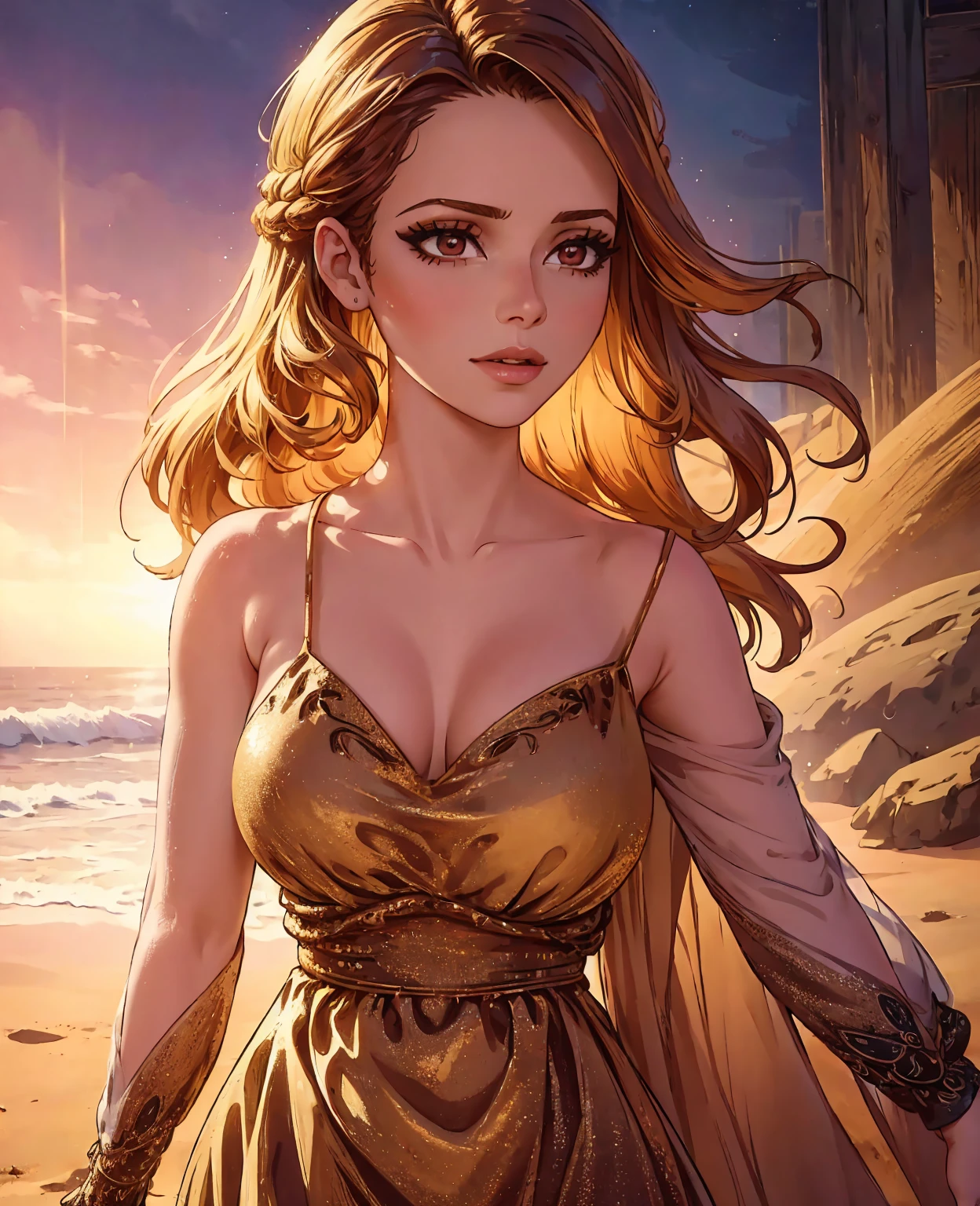 a fairy standing in a sandy beach, detailed face, beautiful detailed eyes, beautiful detailed lips, long eyelashes, delicate facial features, flowing hair, detailed dress, intricate patterns on dress, ethereal glowing aura, dramatic lighting, golden hour lighting, vibrant colors, cinematic composition, highly detailed, 8k, photorealistic, masterpiece, digital art