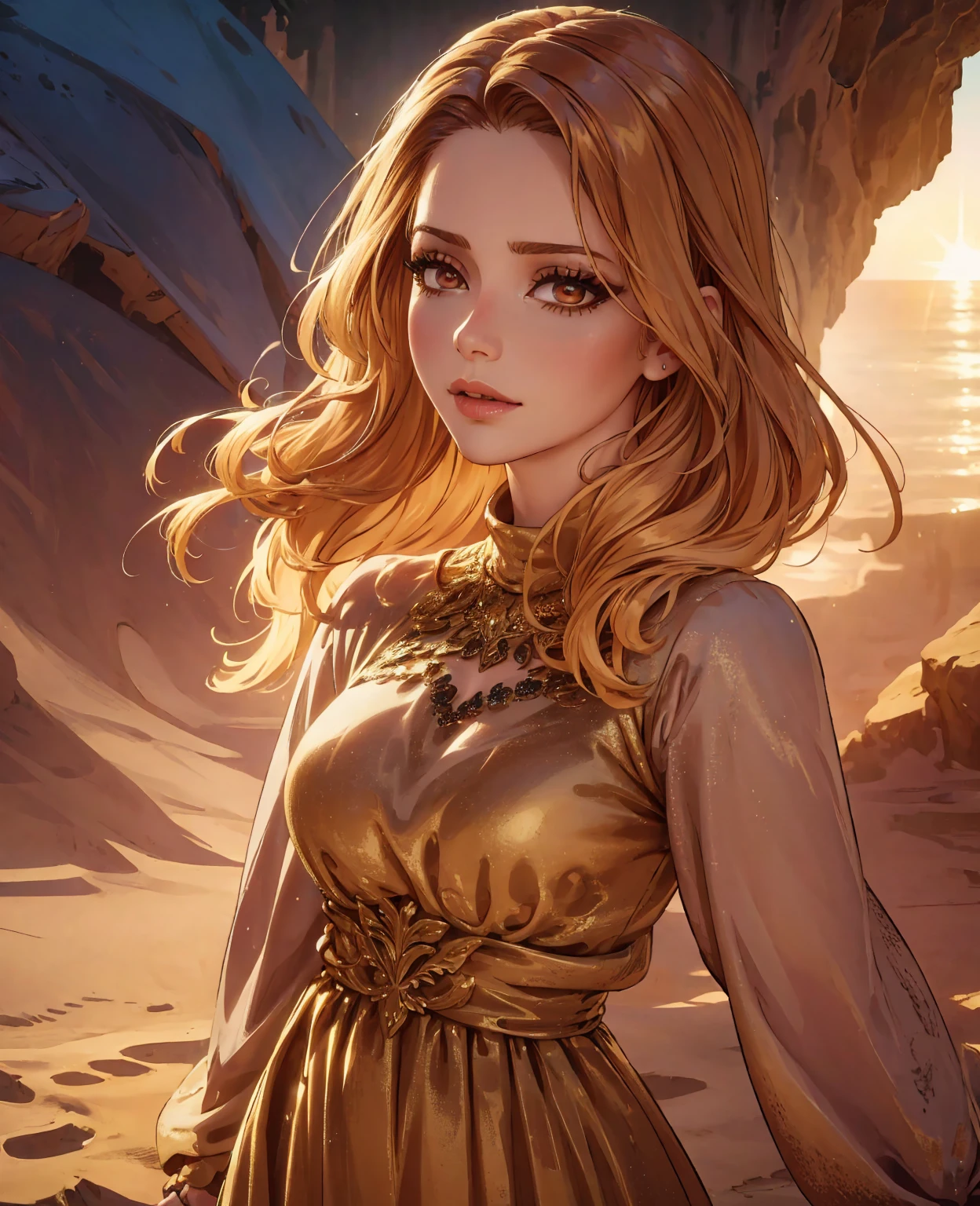 a fairy standing in a sandy beach, detailed face, beautiful detailed eyes, beautiful detailed lips, long eyelashes, delicate facial features, flowing hair, detailed dress, intricate patterns on dress, ethereal glowing aura, dramatic lighting, golden hour lighting, vibrant colors, cinematic composition, highly detailed, 8k, photorealistic, masterpiece, digital art