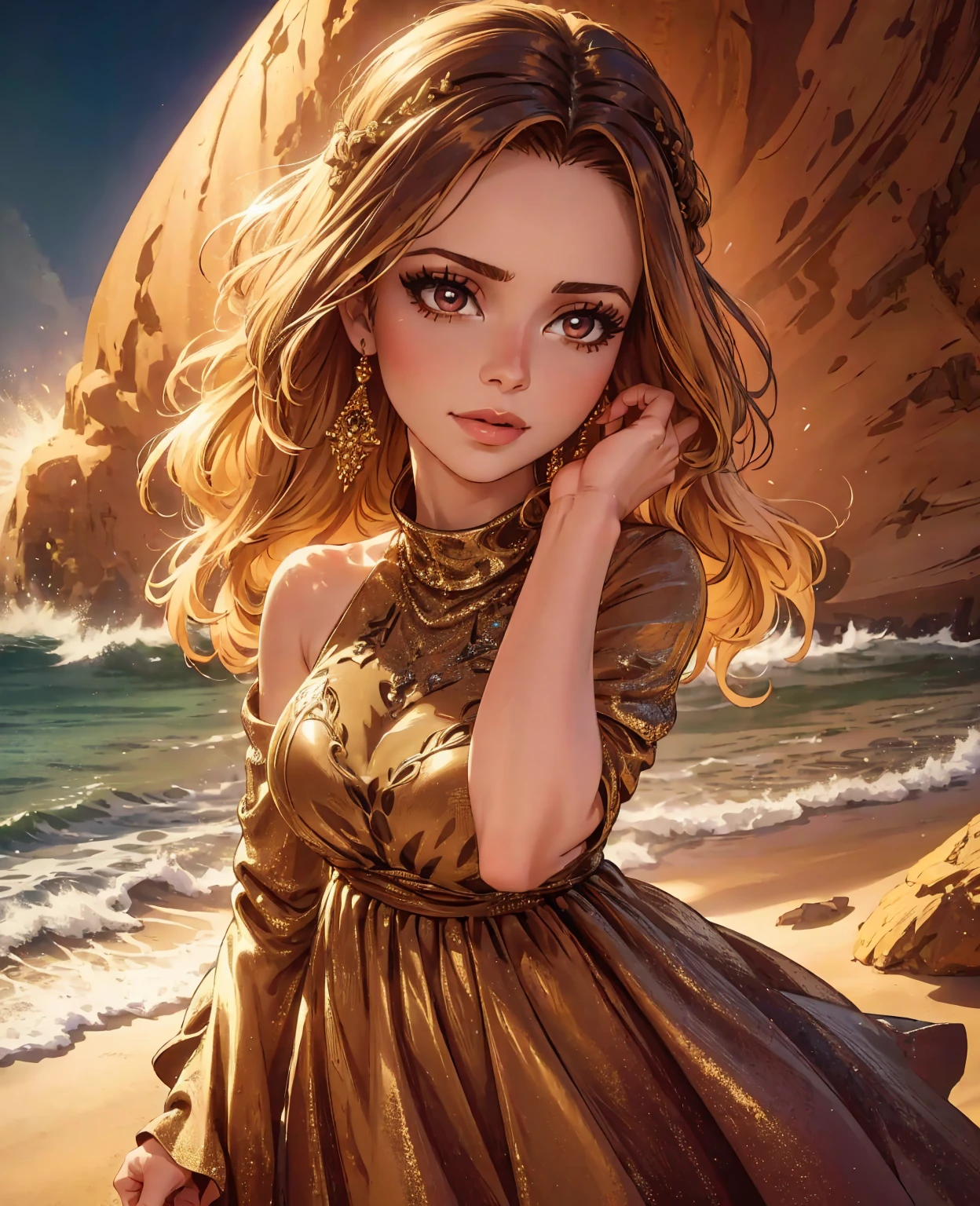 a fairy standing in a sandy beach, detailed face, beautiful detailed eyes, beautiful detailed lips, long eyelashes, delicate facial features, flowing hair, detailed dress, intricate patterns on dress, ethereal glowing aura, dramatic lighting, golden hour lighting, vibrant colors, cinematic composition, highly detailed, 8k, photorealistic, masterpiece, digital art