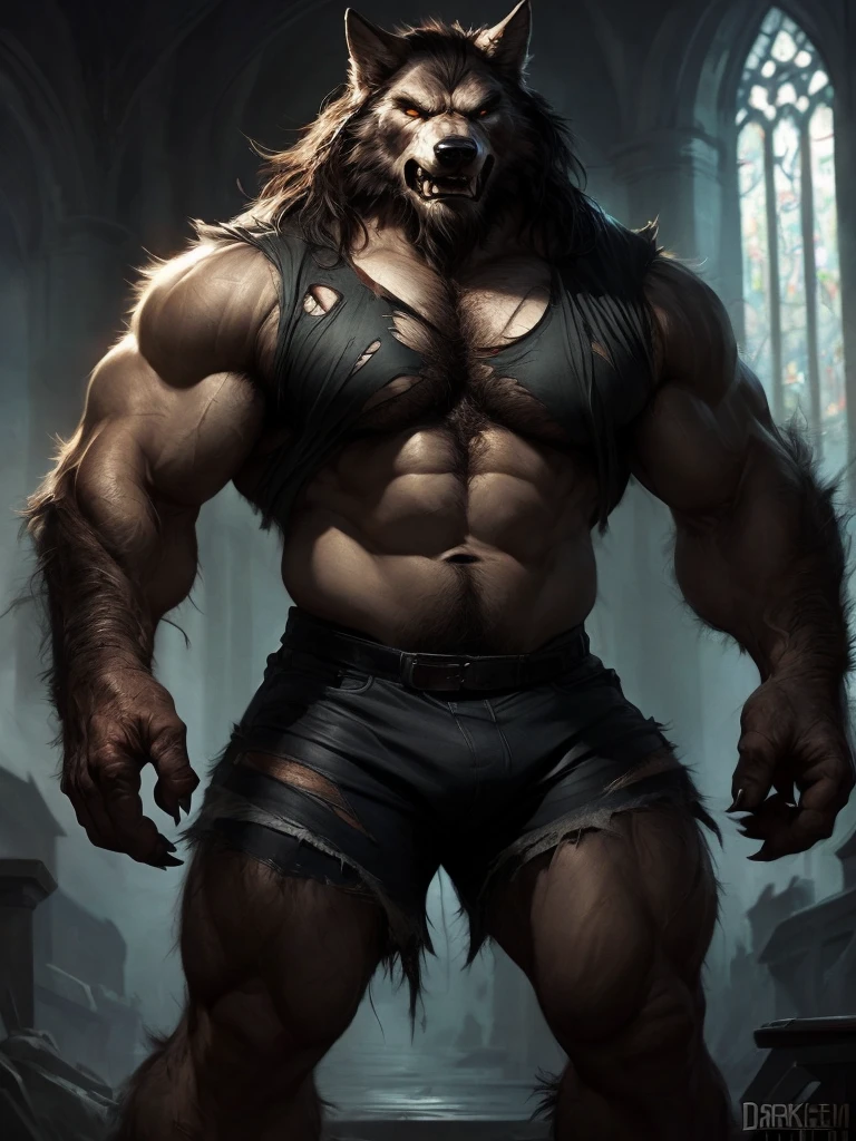 anthro male wolf, muscular, angry , expressive, torn brown shorts, torn shirt, masterpiece, best art, insane res, good anatomy, masculine body, beard, body hair, after transformation, dark church, by darkgem