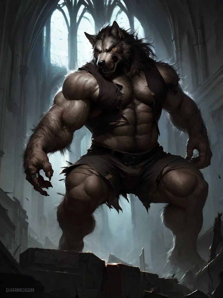 anthro male wolf, muscular, angry , expressive, torn brown shorts, torn shirt, masterpiece, best art, insane res, good anatomy, masculine body, beard, body hair, after transformation, dark church, by darkgem