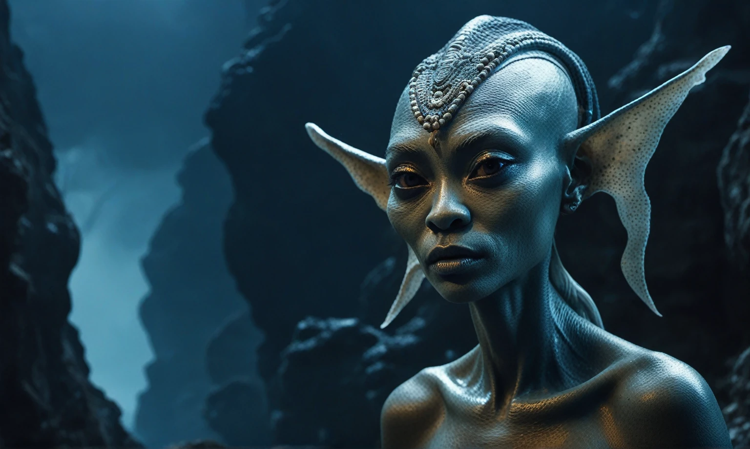 full body shot,beggar deep niobium paladium The Alien Entity,native africa, national folk dress, wants eat,survival in criminal city of future, Technicolor,natural skin textures, hyper realism, hyper detailed,Extremely detailed,High contrast,Masterpiece,Realistic,Ultra Detailed, intricate details,realistic humid leather,extremly intricate,Epic Realistic, cinematic style,irina yermolova,high contrast,hdr,extremely detailed, deep night landscape,masterpiece,intricate details,faded,eyes extremely detailed, high detailed eyes,8k resolution,RAW,retina, Nikon Z9,China,orc,lake of Guangxi Zhuang of China,tkt style, perfect, Elf,transition between two art styles, Ink painting to photorealism, Double contact, X-ray, Creative, vivid light, masterpiece, fantasy, Abstract, Surrealism, super detailed, high resolution, stop:35;(((creature with a spectral and ghostly appearance)). Her skin is pale, almost translucent,ancient rock paintings of the first people,sharkfish's leather