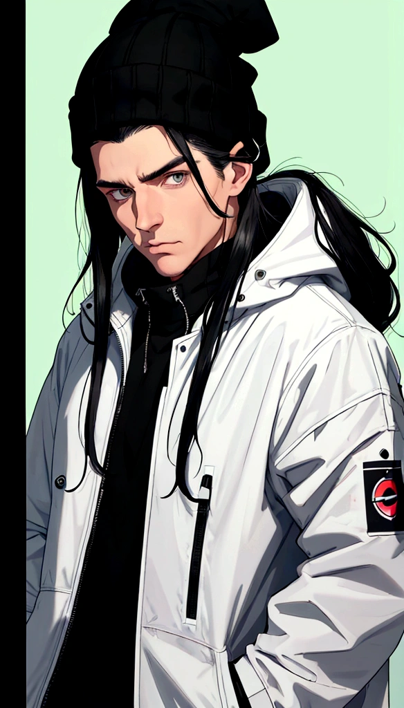 a white man with black hair, combed backwards, wearing a black beanie, with a chin full of long black hair, dressed in a waterproof jacket, looking straight at the camera, ID photo, with a green background in the background, man attractive looking forward with arms crossed, document photo