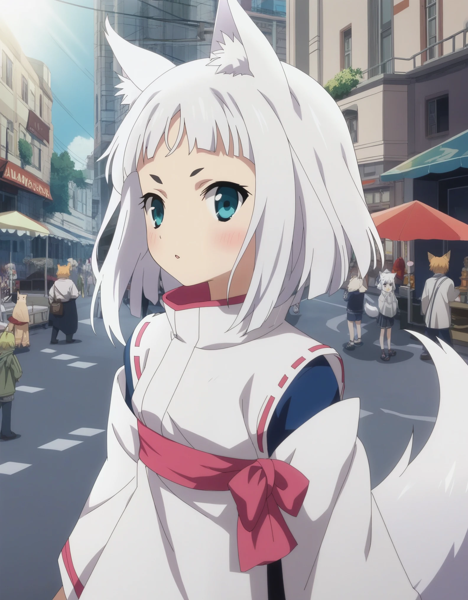 score_9, score_8_up, score_7_up, score_6_up, , source_anime, anime coloring, anime screencap, megami magazine, BREAK, Uncensored, Street background, sunlight,, kon, fox girl, white kimono, White hair, White Tail,, flat chest, , thin, Standing,
