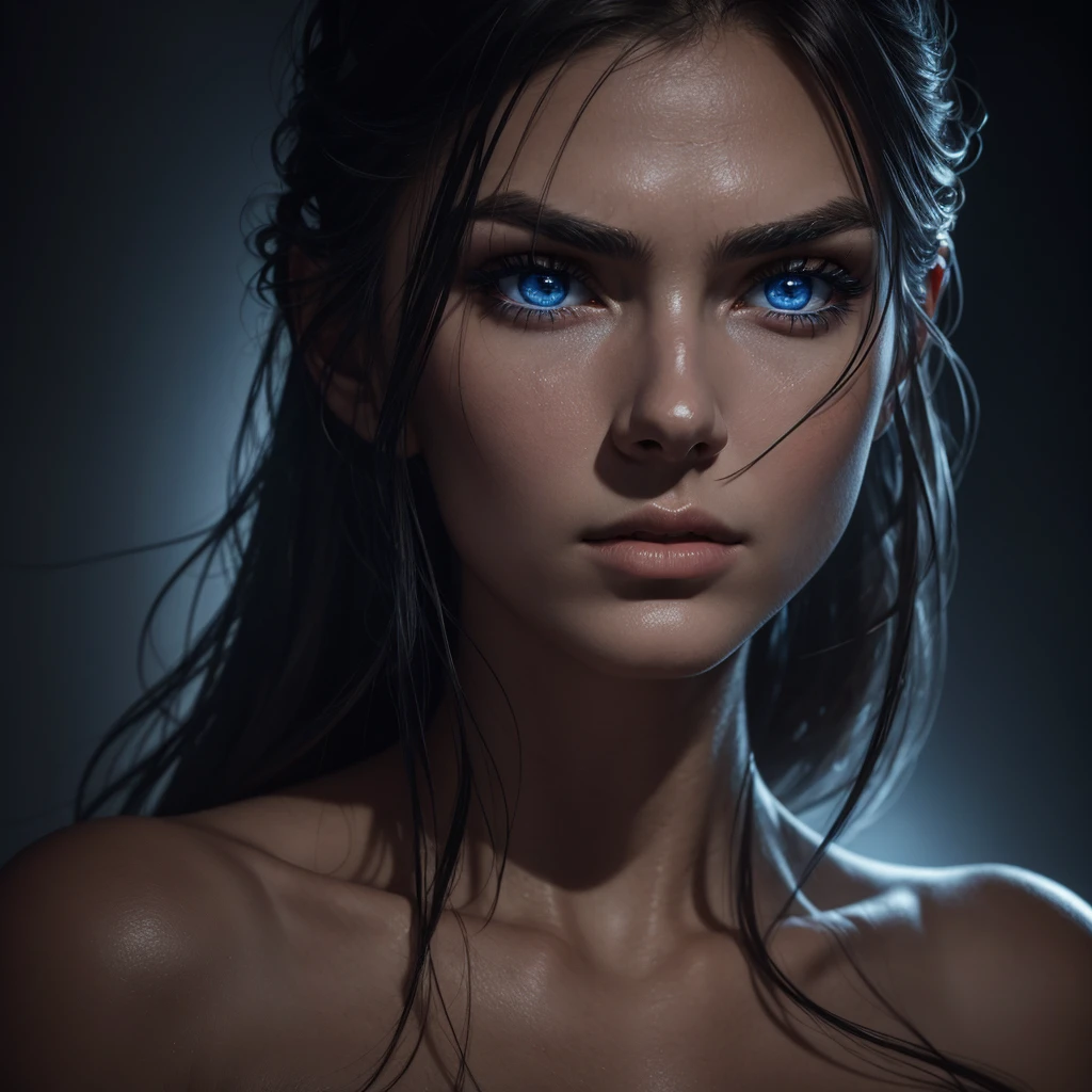 1 woman, striking facial features, deep expressive blue eyes, prominent cheekbones, strong eyebrows, dramatic lighting, chiaroscuro lighting, blurred background, ultra-realistic, 8k, realistic and artistic style, soft skin, intense and captivating mood