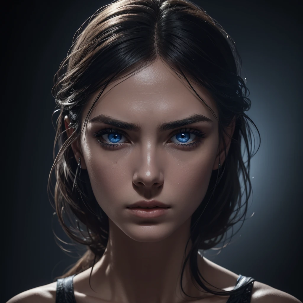 1 woman, striking facial features, deep expressive blue eyes, prominent cheekbones, strong eyebrows, dramatic lighting, chiaroscuro lighting, blurred background, ultra-realistic, 8k, realistic and artistic style, soft skin, intense and captivating mood