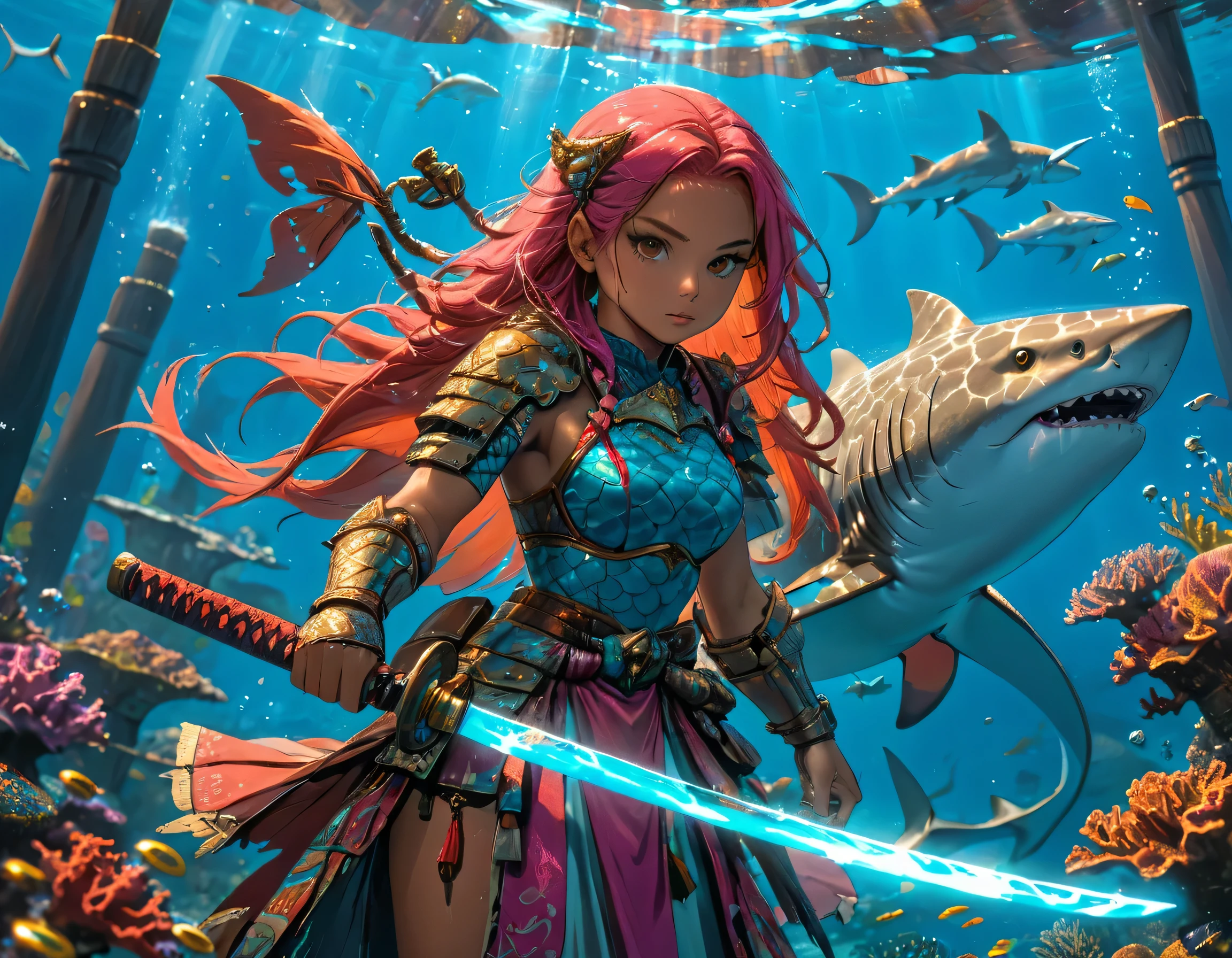 , a wide angle picture of a female human druid swimming along her pet shark, priest of underwater nature, cleric of underwater nature, art full body, ((anatomically correct)), dynamic position (intricate details, Masterpiece, best quality: 1.5) talking to a shark (intricate details, Masterpiece, best quality: 1.5) under the sea (intricate details, Masterpiece, best quality: 1.5), a human woman wearing scale armor ((intricate details, Masterpiece, best quality: 1.4) leather boots, armed with a katana, GLOWING WEAPON, thick hair, long hair, pink hair, tan skin intense brown eyes, undersea background (intense details), night undersea( (intricate details, Masterpiece, best quality: 1.5)high details, best quality, 16k, RAW, (ultra detailed: 1.5), masterpiece, best quality, (extremely detailed), dynamic angle, ultra wide shot, RAW, photorealistic, fantasy art, rpg art, realistic ), dynamic angle, (intricate details, Masterpiece, best quality: 1.5)), high details, best quality, highres, ultra wide angle, Wielding sword, chumbasket art style, katana