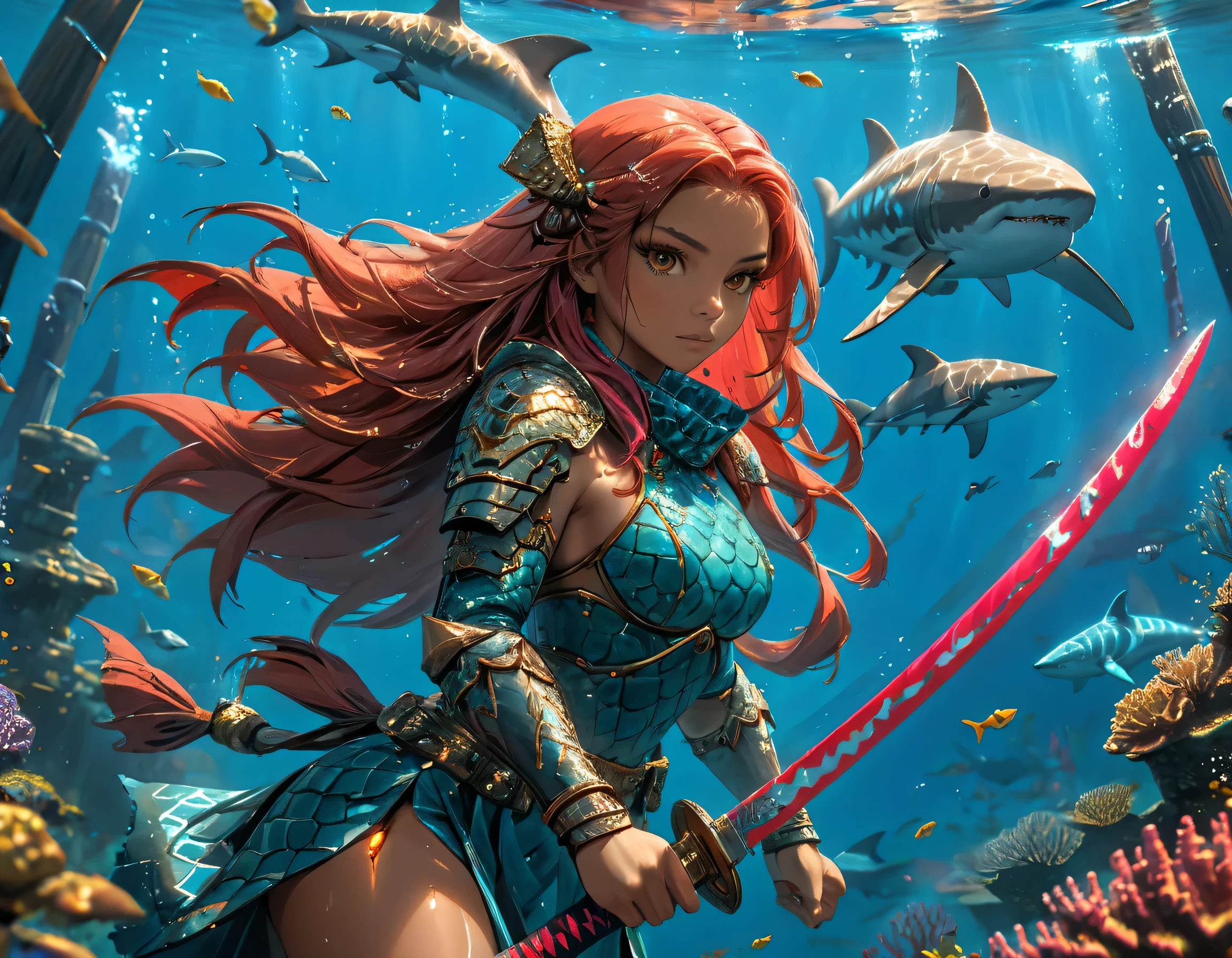, a wide angle picture of a female human druid swimming along her pet shark, priest of underwater nature, cleric of underwater nature, art full body, ((anatomically correct)), dynamic position (intricate details, Masterpiece, best quality: 1.5) talking to a shark (intricate details, Masterpiece, best quality: 1.5) under the sea (intricate details, Masterpiece, best quality: 1.5), a human woman wearing scale armor ((intricate details, Masterpiece, best quality: 1.4) leather boots, armed with a katana, GLOWING WEAPON, thick hair, long hair, pink hair, tan skin intense brown eyes, undersea background (intense details), night undersea( (intricate details, Masterpiece, best quality: 1.5)high details, best quality, 16k, RAW, (ultra detailed: 1.5), masterpiece, best quality, (extremely detailed), dynamic angle, ultra wide shot, RAW, photorealistic, fantasy art, rpg art, realistic ), dynamic angle, (intricate details, Masterpiece, best quality: 1.5)), high details, best quality, highres, ultra wide angle, Wielding sword, chumbasket art style, katana