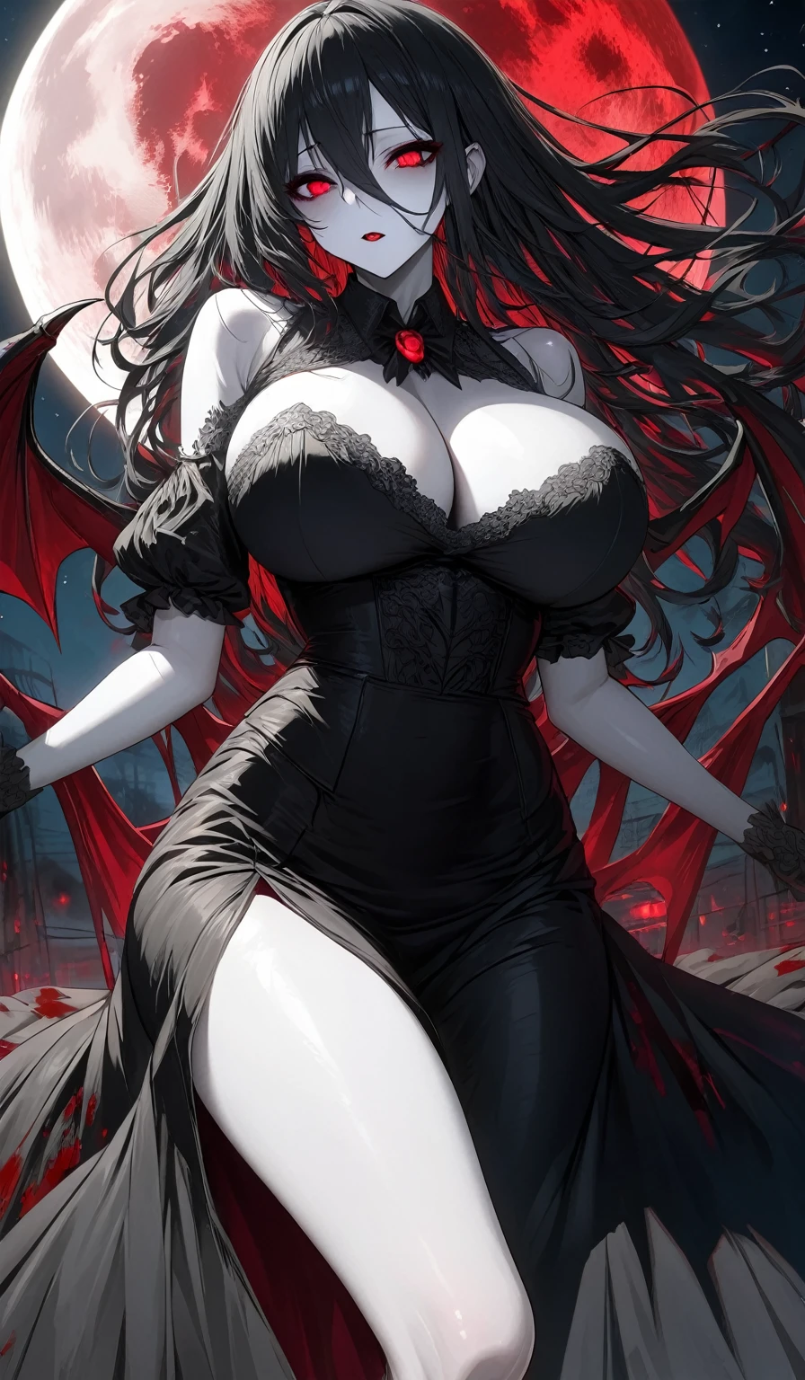 Masterpiece, Very detailed, Ultra-detailed, One, vampire-woman - pale skin, long black hair, blood-red eyes and detailed black dress, with huge breasts and around the moon and stars, terrible and terrifying atmosphere