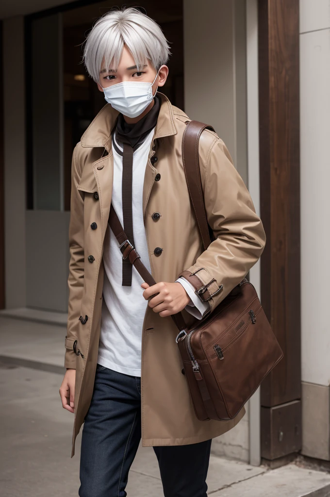 I created a goto of a boy wearing a wooden mask with silver hair carrying a brown messenger bag wearing a brown trench coat