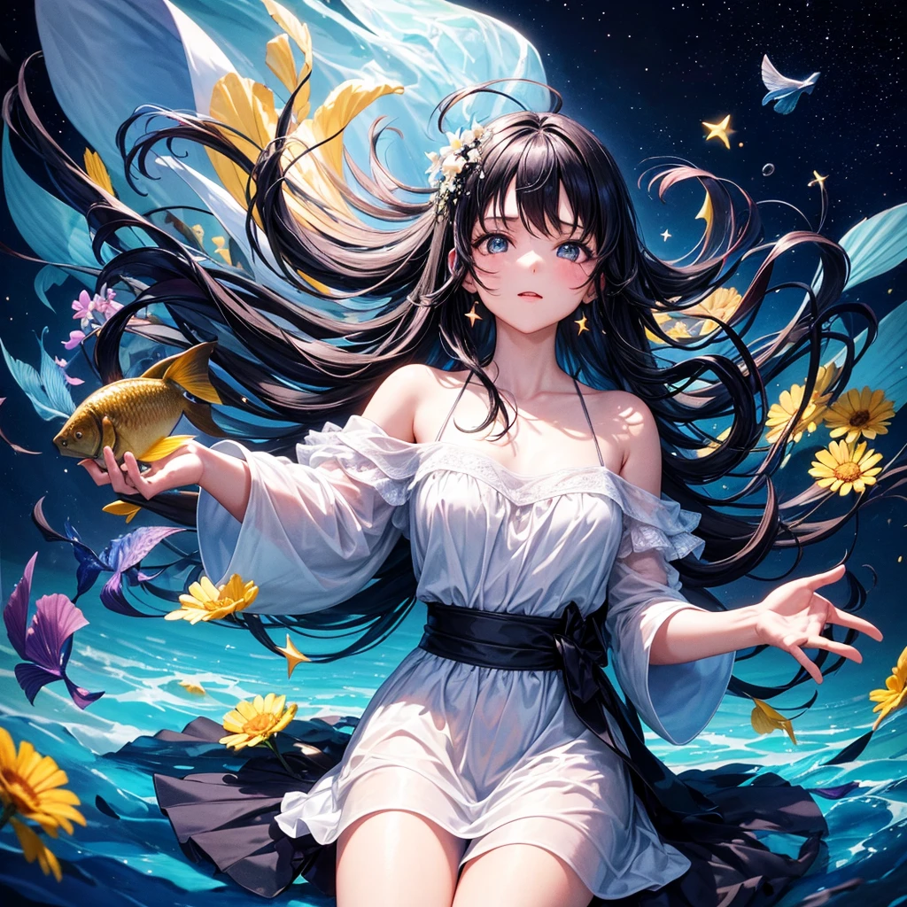 create an image, of a girl with shoulder length black hair playing with flowers and fish, something magical and deep, surrounded by stars and lights, funny and poetic. high quality