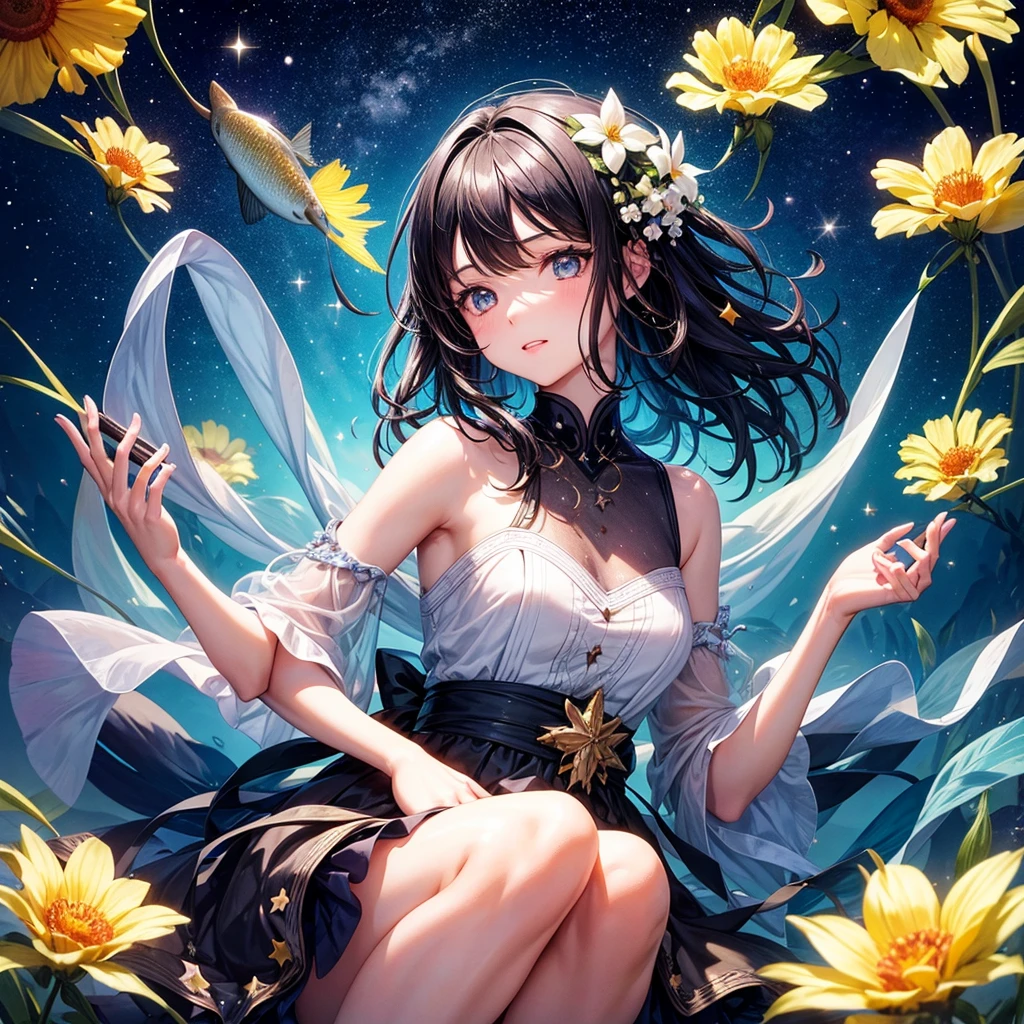 create an image, of a girl with shoulder length black hair playing with flowers and fish, something magical and deep, surrounded by stars and lights, funny and poetic. high quality