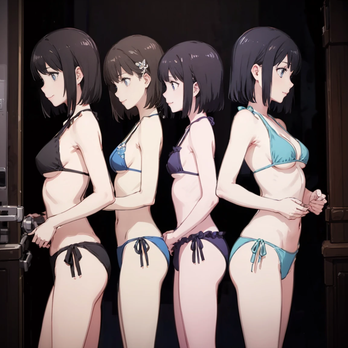 9(((High resolution))), (((Very detailedな))), (((Three Girls:1.3))),((7Head to Body:1.3))、 (((Midday Blue Background)))、(((Happy expression))), (((smile:1.5)))、(((Beautiful and detailed eyes:1.3))), (((Very detailed))), (((Details face:1.5))), break , ,sunny, ,(((Open Vest、bikini、underboob:1.3)))、(((T-back bikini:1.3)),((Very delicate body))、((Very flat chest))、((Small waist))、((thigh gap:1.2))、Friendly atmosphere,((from side、))
