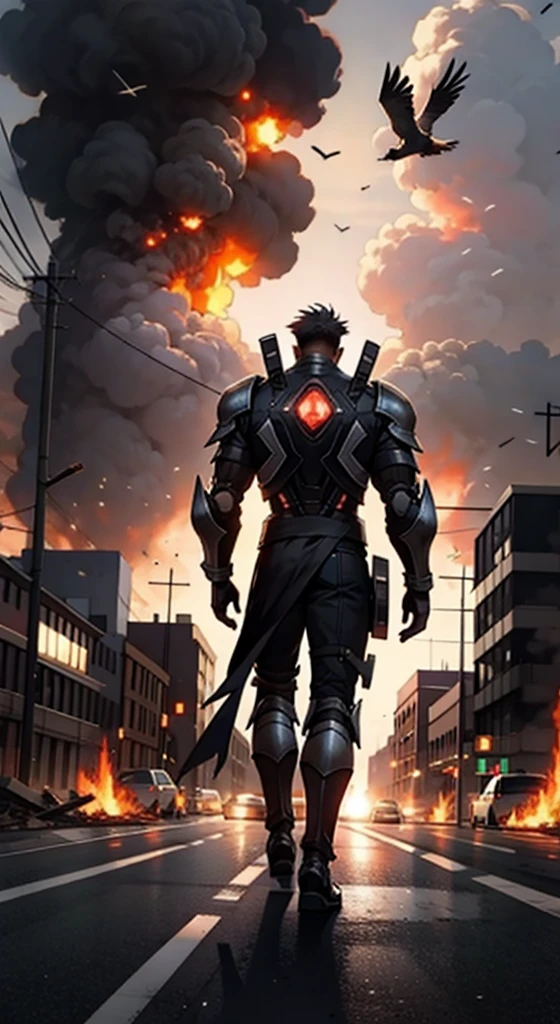 High resolution drawing of big warrior with his back to the camera in bionic armor with muscular body, head looking down and to the right a woman on her knees with huge breasts, walking on a destroyed road with burning buildings, eagles and crows flying in the sky at dusk, 