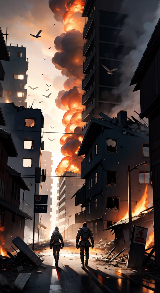 High resolution drawing of big warrior with his back to the camera in bionic armor with muscular body, head looking down and to the right a woman on her knees with huge breasts, walking on a destroyed road with burning buildings, eagles and crows flying in the sky at dusk,