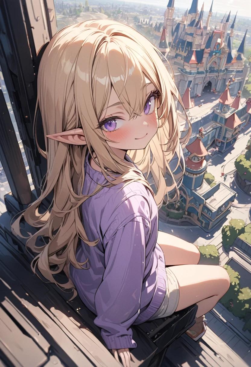 ((Masterpiece)), ((best quality)), (ultra-detailed), ((kawaii)), ((extremely detailed)), 4K, (8K), (super detail:1.2),(High Definition:1.3), (Professional Photography:1.2), from above, (wide shot), cinematic lighting, (sharp focus), (perfect light), ((1girl)), ((12 years old)), cute young girl, from side, (very smug), (Beautiful purple eyes:1.2), (dark skin), elf girl, wearing long cardigan, slender waist, (long bangs), very long bangs, Shiny unruly hair, long hair, ((beautiful blond hair)), shortpants, BREAK, ((best quality)), ((extremely detailed)), (loose sitting on the rooftop), the Disneyland cityscape, Disneyland spreading out below, (Metropolis),