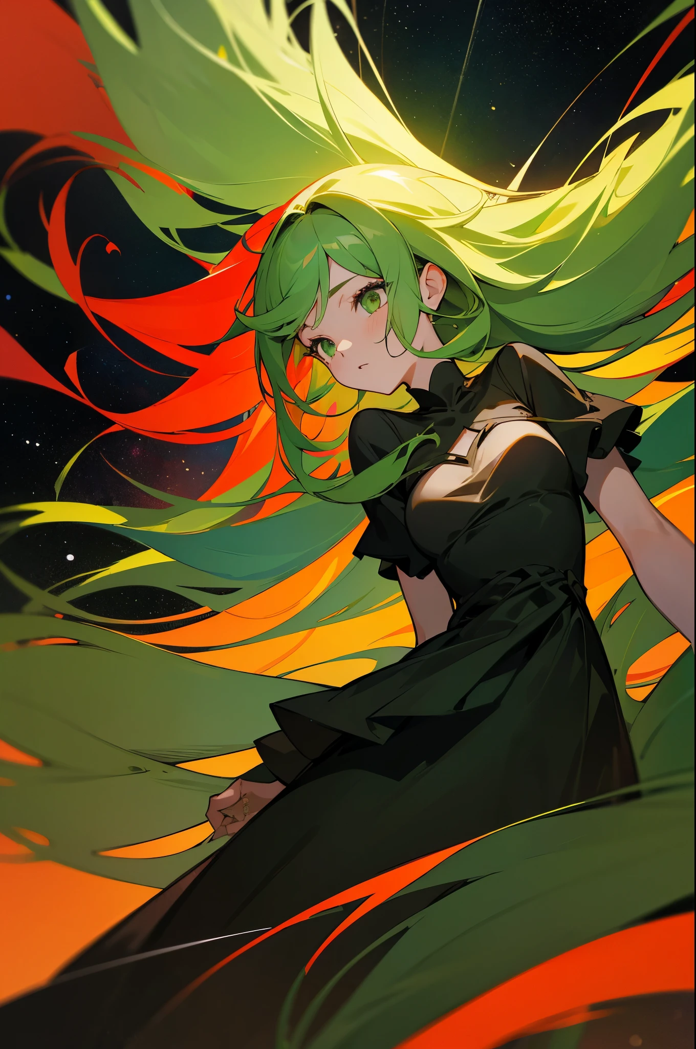 masterpiece, hires, high quality, 1girl, solo, mature, long hair, green eyes, split-color hair, green_red hair, from from below, black dress, space, floating, floating hair, on back,