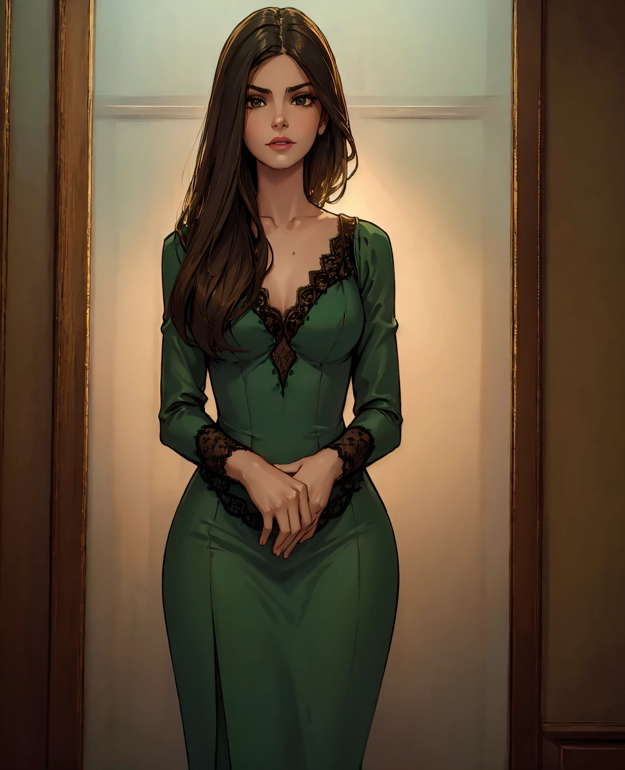 Camila queiroz, beautiful woman, seductive cortesan, long dark hair, emerald green dress, intricate lace details, soft glowing skin, alluring expression, delicate features, slender figure, elegant pose, luxurious interior, antique furniture, warm lighting, old master painting style, muted color palette, painterly brushstrokes, cinematic composition, dramatic chiaroscuro, photorealistic, 8k, best quality, masterpiece