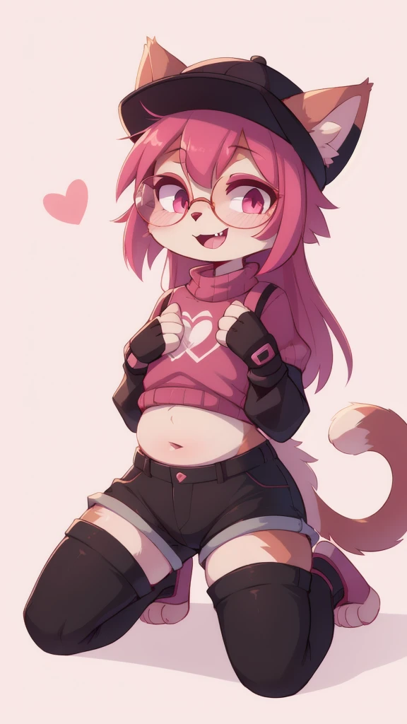 solo, looking at viewer, cat ears, :3, smile, animal ears, pink eyes, bright pupils, magenta hair, red eyes, bangs, feets with three toes, 3 toes, ((black headwear, glasses, hat, under-rim eyewear, semi-rimless eyewear, topwear, midriff, short cargo pants, toeless footwear, fingerless gloves)) (score_9, score_8_up), score_7_up, score_6_up, score_5_up, score_4_up, Hazel Typh, 1cat, best quality, furry, brown fur, pink hair, animal ears, gold piercing, heart-shaped pupils, animal nose, pink eyes, hair bun, long tail, expressionless, closed mouth, fangs, puffy sleeves, kneeling, on knees, pink background, looking at viewer, round glasses, beautiful and detailed, man (((genderless))) ((anthro)) cat, (Averi, cat boy), by waspsalad, by phluks, by zero-sum, cat, (anthro, fluffy fur, character focus:1.1), anthro cat, body fur, nice, cute, digital drawing, (half-closed eyes), big eyes, sweater, short shorts, thigh highs, stockings, (hi res), ((masterpiece)), ((best quality)), Cat, gernderless cat, clean sketch, anthropomorphic cat, fursona, sharp teeth, big ears, smooth hair, long hair,, smooth fur, long eyelashes, makeup, thin, chubby face, flat chest, no bulge, no cock, no , no gender