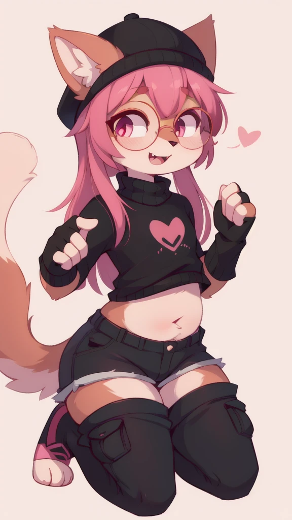 solo, looking at viewer, cat ears, :3, smile, animal ears, pink eyes, bright pupils, magenta hair, red eyes, bangs, feets with three toes, 3 toes, ((black headwear, glasses, hat, under-rim eyewear, semi-rimless eyewear, topwear, midriff, short cargo pants, toeless footwear, fingerless gloves)) (score_9, score_8_up), score_7_up, score_6_up, score_5_up, score_4_up, Hazel Typh, 1cat, best quality, furry, brown fur, pink hair, animal ears, gold piercing, heart-shaped pupils, animal nose, pink eyes, hair bun, long tail, expressionless, closed mouth, fangs, puffy sleeves, kneeling, on knees, pink background, looking at viewer, round glasses, beautiful and detailed, man (((genderless))) ((anthro)) cat, (Averi, cat boy), by waspsalad, by phluks, by zero-sum, cat, (anthro, fluffy fur, character focus:1.1), anthro cat, body fur, nice, cute, digital drawing, (half-closed eyes), big eyes, sweater, short shorts, thigh highs, stockings, (hi res), ((masterpiece)), ((best quality)), Cat, gernderless cat, clean sketch, anthropomorphic cat, fursona, sharp teeth, big ears, smooth hair, long hair,, smooth fur, long eyelashes, makeup, thin, chubby face, flat chest, no bulge, no cock, no , no gender 
