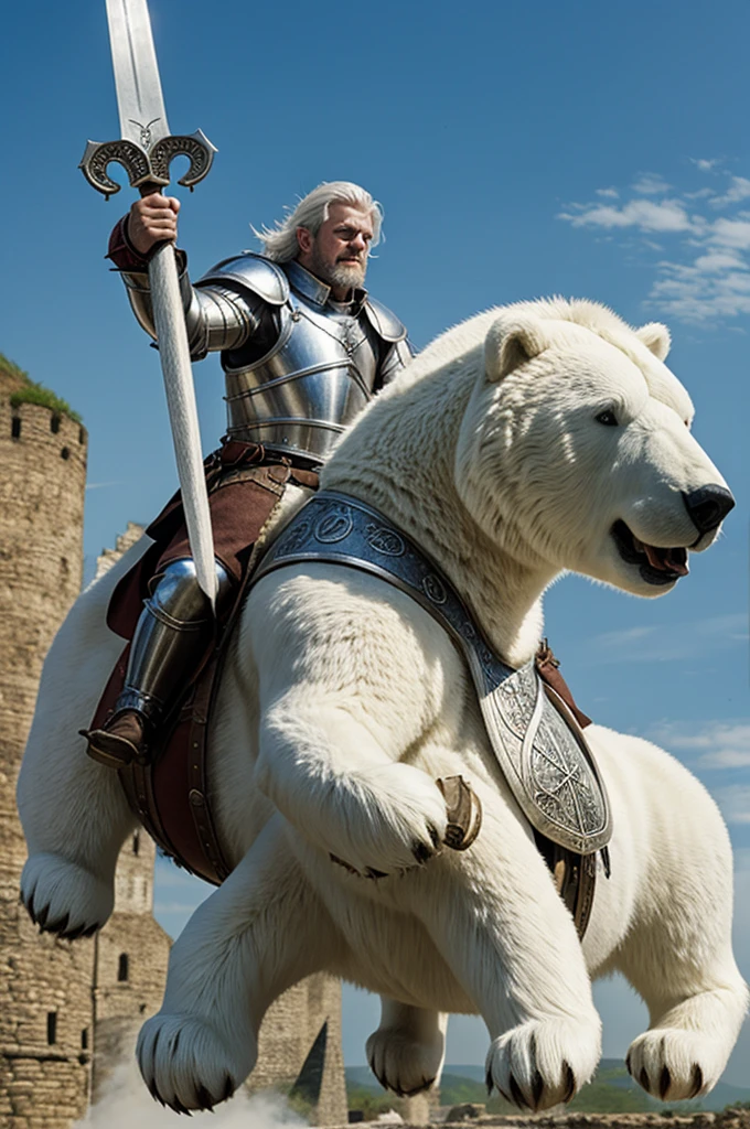A white-haired medieval Alchemist riding a giant white bear. The bear is wearing armor.