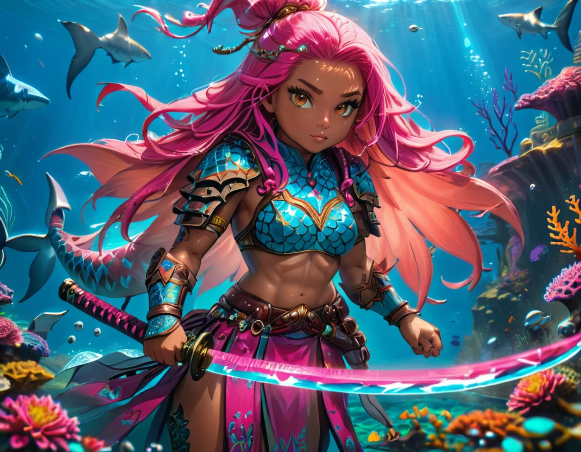 , a wide angle picture of a female human druid swimming along her pet shark, priest of underwater nature, cleric of underwater nature, art full body, ((anatomically correct)), dynamic position (intricate details, Masterpiece, best quality: 1.5) talking to a shark (intricate details, Masterpiece, best quality: 1.5) under the sea  (intricate details, Masterpiece, best quality: 1.5), a human woman wearing scale armor ((intricate details, Masterpiece, best quality: 1.4) leather boots, armed with a katana, DruidMagicAI, thick hair, long hair, pink hair, tan skin intense brown eyes, undersea background (intense details),  night undersea( (intricate details, Masterpiece, best quality: 1.5)high details, best quality, 16k, RAW, (ultra detailed: 1.5), masterpiece, best quality, (extremely detailed), dynamic angle, ultra wide shot, RAW, photorealistic, fantasy art, rpg art, realistic ), dynamic angle,  (intricate details, Masterpiece, best quality: 1.5)), high details, best quality, highres, ultra wide angle, Wielding sword, chumbasket art style, katana
