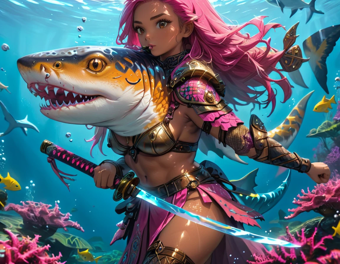 , a wide angle picture of a female human druid swimming along her pet shark, priest of underwater nature, cleric of underwater nature, art full body, ((anatomically correct)), dynamic position (intricate details, Masterpiece, best quality: 1.5) talking to a shark (intricate details, Masterpiece, best quality: 1.5) under the sea  (intricate details, Masterpiece, best quality: 1.5), a human woman wearing scale armor ((intricate details, Masterpiece, best quality: 1.4) leather boots, armed with a katana, DruidMagicAI, thick hair, long hair, pink hair, tan skin intense brown eyes, undersea background (intense details),  night undersea( (intricate details, Masterpiece, best quality: 1.5)high details, best quality, 16k, RAW, (ultra detailed: 1.5), masterpiece, best quality, (extremely detailed), dynamic angle, ultra wide shot, RAW, photorealistic, fantasy art, rpg art, realistic ), dynamic angle,  (intricate details, Masterpiece, best quality: 1.5)), high details, best quality, highres, ultra wide angle, Wielding sword, chumbasket art style, katana